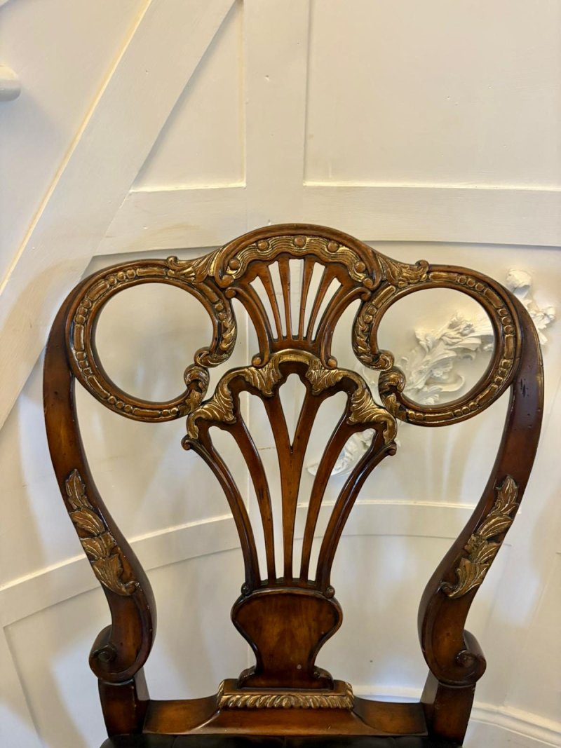 Outstanding Quality Set of 8 Antique Edwardian Carved Walnut and Gilded Dining Chairs - Image 8